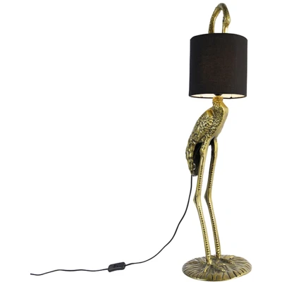 Afbeelding van QAZQA Vintage vloerlamp messing stoffen kap zwart Animal Kraanvogel