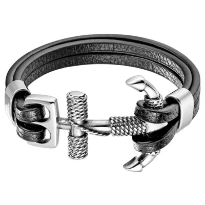 Afbeelding van Mendes Zeemans armband leer Edelstaal Anker Zilverkleurig Zwart