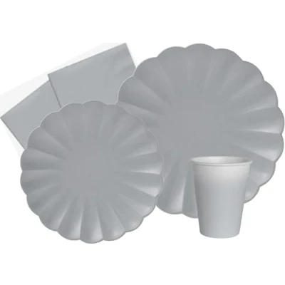 Afbeelding van Party Tableware Set Flower Shape for 24 people (112 pcs: plates Ø23cm, Ø18cm, cups 200ml, 40 napkins 33x33cm) in eco friendly compostable paper, smoky grey