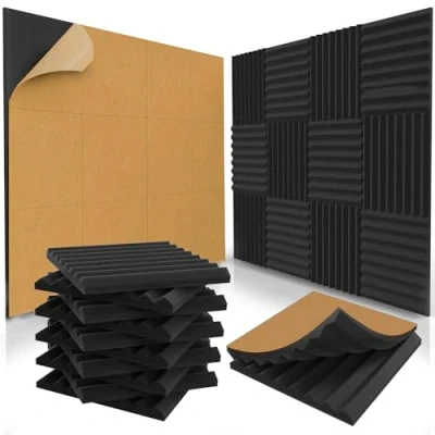 Afbeelding van 12 stuks zelfklevende akoestische panelen 30,5 x 30,0 cm akoestisch schuim studioschuimwiggen met hoge dichtheid geluidsdichte wiggen houtskool