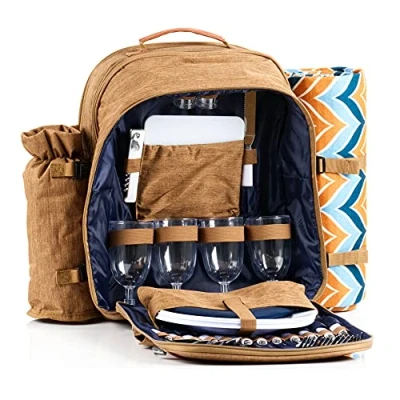 Afbeelding van CampFeuer Picknickrugzak voor 4 personen, bruin, picknickset, 32 delig, inclusief Flessenhouder en fleecedeken, groot koelvak, servies bestek
