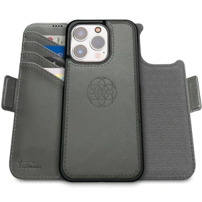 Afbeelding van Dreem Fibonacci iPhone 15 Pro Portemonnee Hoesje / 2 in 1 Schokbestendig MagSafe Compatibel en Afneembaar Luxe Vegan Lederen Folio met RFID Kaartbescherming Multi Standaard [Grijs]
