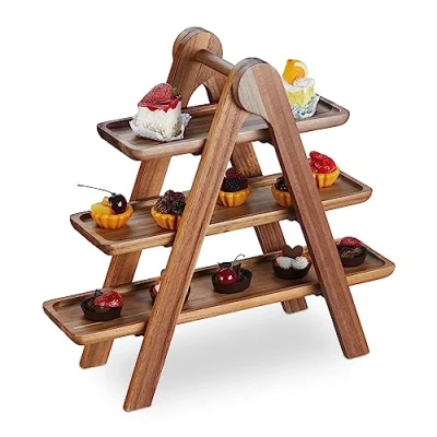 Afbeelding van Relaxdays etagère hout drielaagse serveerschaal hapjes fruitschaal inklapbaar