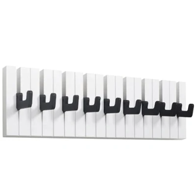 Afbeelding van RICOO WM1886 L, garderobehaken, wandhaken, kindergarderobehaken, pianodesign, zwart wit houten garderobestand, modern en inklapbaar, 9 uitklapbare haken voor kinderkamer hal, 49 x 15 2 cm