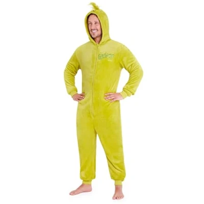 Afbeelding van The Grinch Fleece onesie met capuchon voor heren, pluizige loungewear grappige cadeaus hem, Groen, L