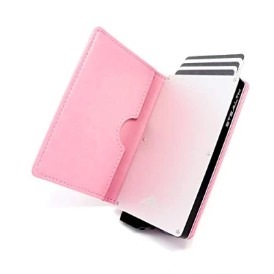 Afbeelding van STEALTH Wallet Slanke Lichtgewicht Minimalistische Kaarthouder Portemonnee Compacte RFID/NFC Blokkerende Pop up Portemonnees Kaarthouders met Geschenkdoos (Zilver Aluminium Roze Leer)