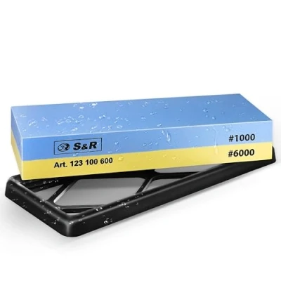 Afbeelding van S&amp;R dubbelzijdige slijpsteen, wetsteen, 18 x 6 3 cm, met korrel 1000/6000, van korund, siliconen houder