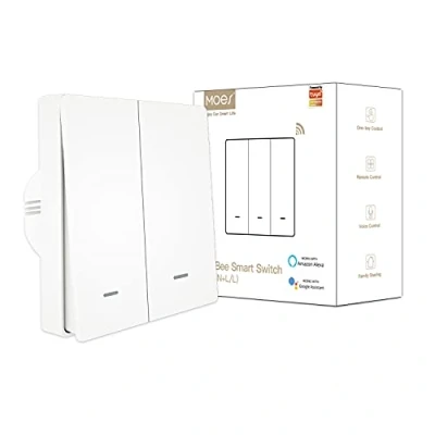 Afbeelding van MOES Intelligente wandschakelaar, compatibel met Tuya Zigbee, 2 weg, draadloze neutrale geleider of condensator vereist, wit, werkt Alexa en Google Home