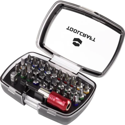 Afbeelding van TOOLCRAFT 1613599 Bitset 32 delig Plat, Kruiskop Phillips, Pozidriv, Inbus, T profiel met gat,