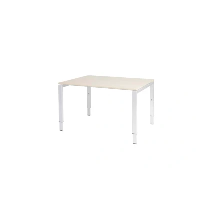 Afbeelding van Domino bureau, hoogte instelbaar (62 85cm) met 120x90cm &#039;zwevend&#039; lindberg (licht) eiken 25mm blad en wit (RAL9010) N poot frame.