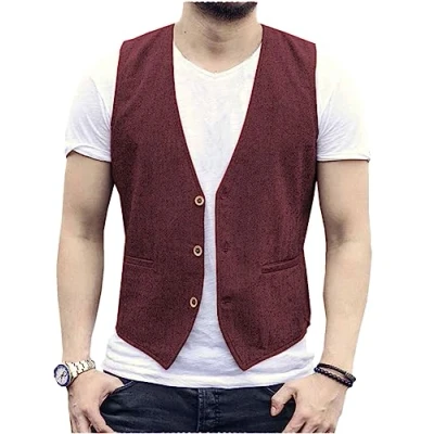 Afbeelding van AeoTeokey Heren zomer linnen vest pak casual regular fit, Bourgondisch, XL