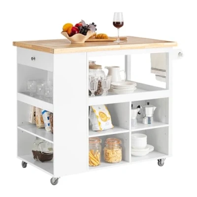 Afbeelding van SoBuy FKW97 WN Trolley op wielen Keuken opbergkast Buffetkast Multifunctioneel houten dressoir met grote opslagruimte, 108x60x90 cm