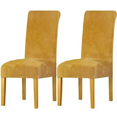 Afbeelding van LANSHENG Stoelhoezen voor eetkamerstoelen, maat M, stretch, spandex, met elastische band, fluweel, thuis, restaurant, hotel, bruiloft (mosterdgeel, set van 2)