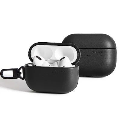 Afbeelding van Mujjo Echelon Volnerf lederen AirPods Pro Case (1e &amp; 2e generatie) elegant design, draadloos opladen, goud gewaardeerd Ecco leer, clip en sleutelkoord bevestiging (zwart)