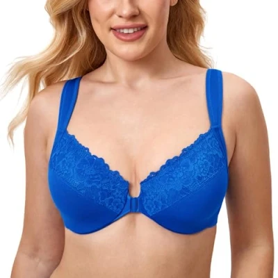 Afbeelding van DELIMIRA Dames Voorsluiting BH met beugel Kant Large Size Volledige cups zonder inzetstukken Fonkelend blauw 80F