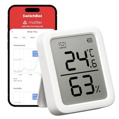 Afbeelding van SwitchBot Thermometer Hygrometer, Bluetooth Digitale Temperatuur Vochtigheid Sensor met Smart Alert &amp; Data Opslag, LCD Scherm Thermo Hygrometer voor kamertemperatuur Kelder Garage