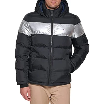 Afbeelding van Tommy Hilfiger Klassieke donsjack met capuchon voor heren (standaard en groot lang) alternatieve buitenkledingjas, Zwart Zilver Streep, S