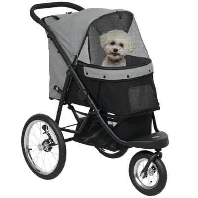 Afbeelding van PawHut Hundewagen Jogger Hundebuggy klappbar für kleine Hunde &amp; Katzen bis 10 kg Katzenbuggy mit 3 große Gummiräder, Kissen Netzfenstern Aufbewahrungskorb Katzenwagen Sicherheitsleinen, Grau