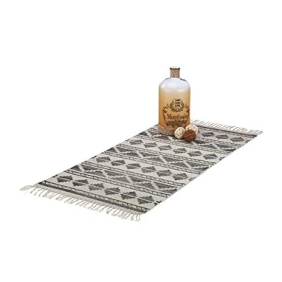 Afbeelding van Relaxdays loper met patroon, franjes, 70 x 140 cm, hal, gang, woonkamer, groot vloerkleed, laagpolig kleed, zwart