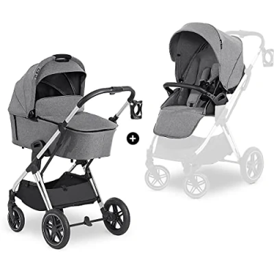 Afbeelding van Hauck 3in1 kinderwagenset Vision X Set met babybak, draaibaar sportstoeltje en beendeken, rubber wielen, belastbaar tot 25 kg, compact inklapbaar, grijs gemêleerd