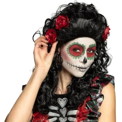 Afbeelding van Boland Pruik Catrina Zwart Krullen Lang Vrouwen Day of the dead Halloween en Horror