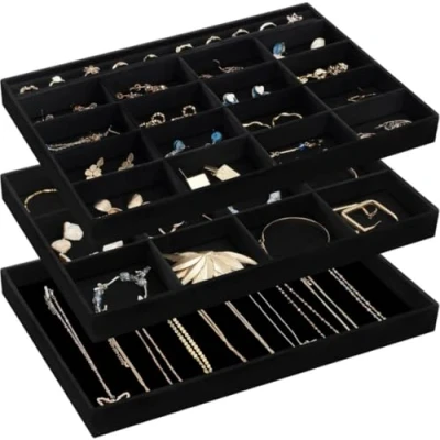 Afbeelding van ProCase Sieradendienblad Stapelbare Fluwelen Sieraden Lade Organizer voor Dressoir Garderobe Display Opbergdoos Oorbellen Armbanden Ringen Vrouwen Meisjes Set van 3 Allblack