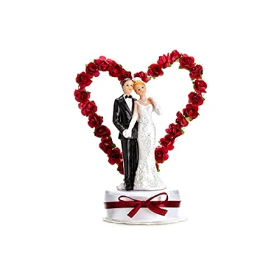 Afbeelding van PartyDeco Figuur bruidspaar met hart en rozen, taarttopper, zwart wit, 15 cm