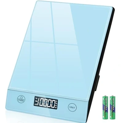 Afbeelding van keukenweegschaal, digitaal, 10 kg, glas, digitale weegschaal, elektronische huishoudweegschaal voor bakken, tarra functie, touch knop, 1 g nauwkeurig, blauw