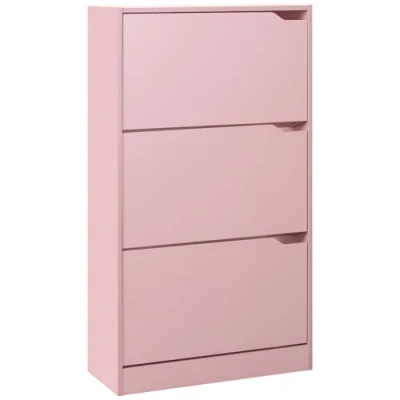 Afbeelding van BAKAJI Schoenenrek van MDF hout met 3 deuren, inklapbare schoenenhouder, intrekbare handgrepen, dubbele diepte, compact formaat, smal, 63 x 24 115 cm, ruimtebesparend, entree (roze)