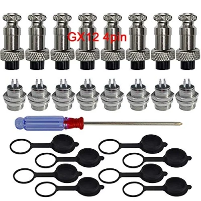 Afbeelding van QitinDasen 8 stuks premium GX12 4 pins Aviation stekkeradapter, 5A 12mm schroefdraad mannelijk vrouwelijk metalen luchtvaartstekker draadverbinderset, met rubberen beschermkap en schroevendraaier