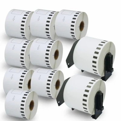 Afbeelding van BETCKEY 10 Rollen DK 22205 Etiketten mit NUR 2 Wiederverwendbaren Haltern, 62mm x 30.48m, Schwarz auf Weiß, Endlosetiketten (Papier) für Brother QL Etikettendrucker
