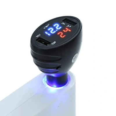 Afbeelding van GOFORJUMP 3 in 1 12 V dual USB autolader thermometer voltmeter display auto poort oplader volt meter led zwart