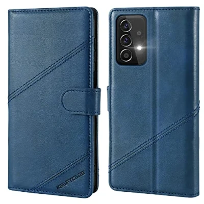 Afbeelding van KRAFTCARE hoesje voor Samsung A52s met schermbeschermer, PU leren Galaxy 5G, schokbestendig fliphoesje standaard en kaartsleuven, marineblauw