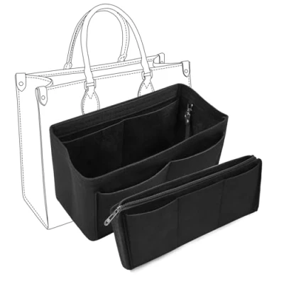 Afbeelding van Kolamom Tasorganizer, vilten handtas organizer voor vrouwen, tote bag, multi pocket tassen, organizer, shopper met afneembaar vak ritssluiting, sleutelketting, zwart