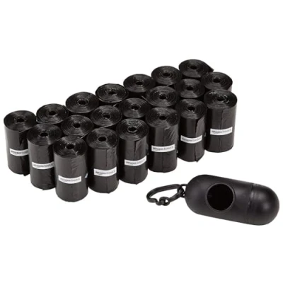 Afbeelding van Amazon Basics Hondenpoepzakjes met dispenser en riemclip, ongeparfumeerd, 300 stuks, 20 verpakkingen van 15, 33 x 23 cm, zwart