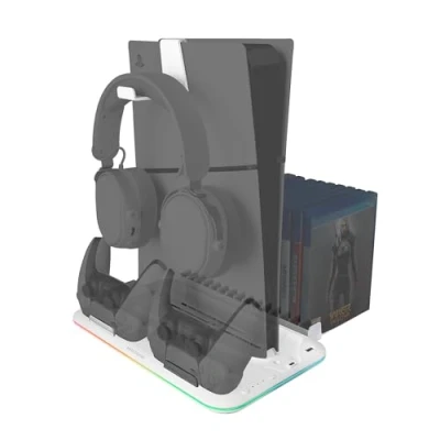 Afbeelding van MARSGAMING MPS5 B2, Soporte RGB para PS5 Slim Estándar y Digital, 1x Ventilador, Cargador Doble de Mandos, con Iluminación Neón RGB, Organizador Videojuegos + Auriculares, Blanco