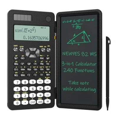 Afbeelding van NEWYES wetenschappelijke rekenmachine, 2 regels display, 240 functies, met schrijfbord en pen, opvouwbare rekenmachine voor scholieren studenten