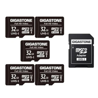 Afbeelding van Gigastone Geheugenkaart 32 GB 5 kaarten, hoge leessnelheid tot 90 MB/s. Ideaal voor dronecamera Full HD video, U1 C10 Micro SDHC UHS I met 2 mini hoesjes en 1 SD adapter.