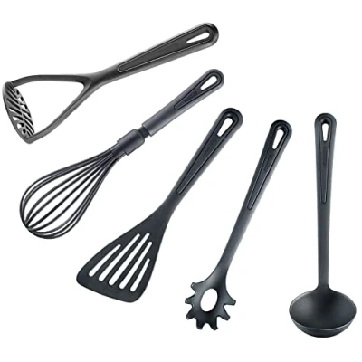 Afbeelding van Keukenhulpset 5 delig: garde, soeplepel, aardappelstamper, spatel, spaghettilepel, kunststof, gentle, zwart