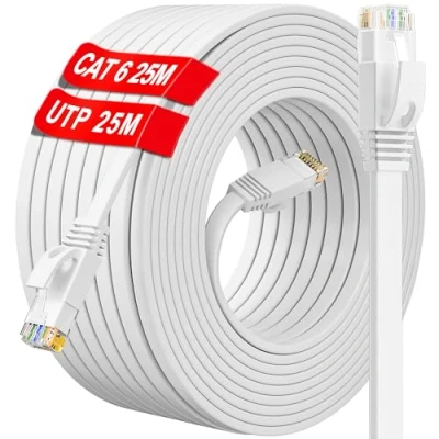 Afbeelding van 25m Ethernet Kabel Cat 6, Hoge Snelheid Netwerkkabel Buiten Binnen, Wit Plat RJ45 Internetkabel 1000Mbps 250MHz, Lang UTP Gigabit LAN CAT6 Patchkabel voor Router Switch Modem (25 Clips)