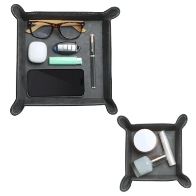 Afbeelding van Navaris 2x vierkante decoratie schaal van pu leer Set 2 organizers Dienblad voor sleutels telefoon of muntjes Organizer bakje Zwart