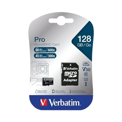 Afbeelding van Verbatim microSDXC kaart 128 GB, PRO, U3, UHS 3, 4K UHD 90 MB/s, (W) 45 SD adapter, blisterverpakking