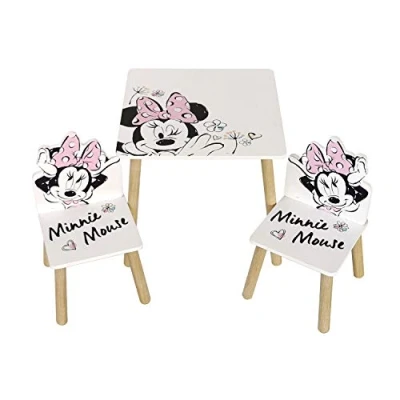 Afbeelding van ARDITEX Kindertafel met houten stoelen, Minnie Mouse, vierkante tafel voor kinderen, 50 x 44 cm en 2 kleine stoelen 26,5 cm, wit roze
