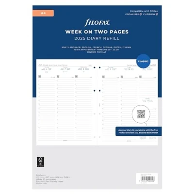 Afbeelding van Filofax A4 week op twee pagina&#039;s 5 taal afspraken 2025 dagboek