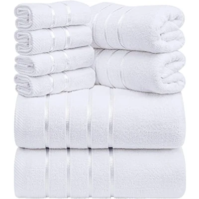Afbeelding van Utopia Towels 8 delige luxe handdoekenset, 2 badhanddoeken, handdoeken en 4 washandjes, 97% ringgesponnen katoen zeer absorberend viscose streep ideaal voor dagelijks gebruik (Wit)