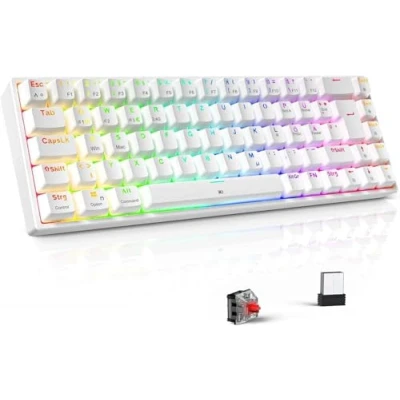 Afbeelding van TECURS QWERTZ Gaming toetsenbord, mechanisch draadloos, RGB, verlicht 65% TKL, oplaadbaar, bluetooth, 2,4G, met kabel, 68 toetsen, rode schakelaar voor PC Windows/Mac/PS4, wit