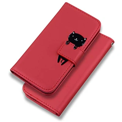 Afbeelding van Bartern Hoes voor mobiele telefoon iPhone 11, karikatuur, kat, PU leer, inklapbare portemonnee, beschermhoes, tas, klaphoes met magnetisch, kaartenvak, standfunctie, rood