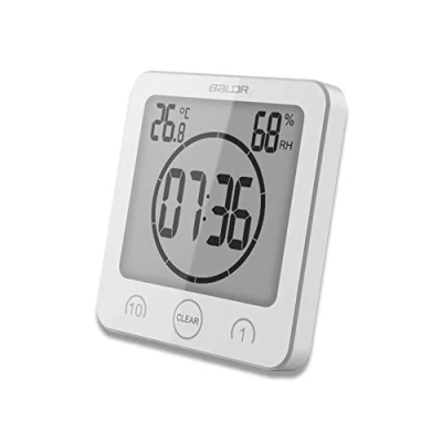 Afbeelding van HONPHIER Doucheklok, badkamerklok, digitaal, groot display, touchscreen, timer met temperatuur, luchtvochtigheid, display voor badkamer, douche, keuken (wit)