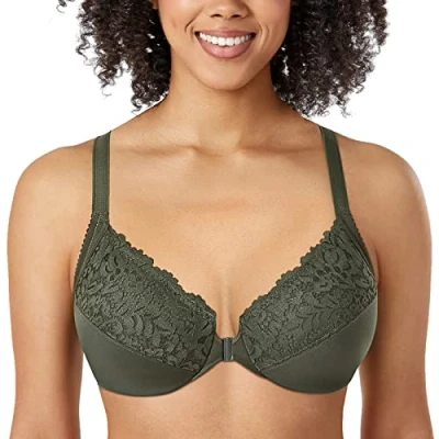 Afbeelding van DELIMIRA Vrouwen Plus Size Volledige Dekking Kanten Beugel Racerback BH met Voorsluiting klimop groen 100D