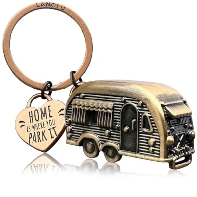 Afbeelding van LANOLU Sleutelhanger caravan cadeau, camper cadeau voor de camping en camper, 3D aanhanger, accessoire van metaal, Vintage koper